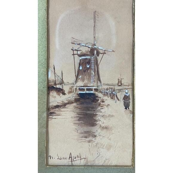 Antique Louis Apal Dutch Windmill Original Watercolor Gold Ornate Frame RARE - Picture 3 of 14